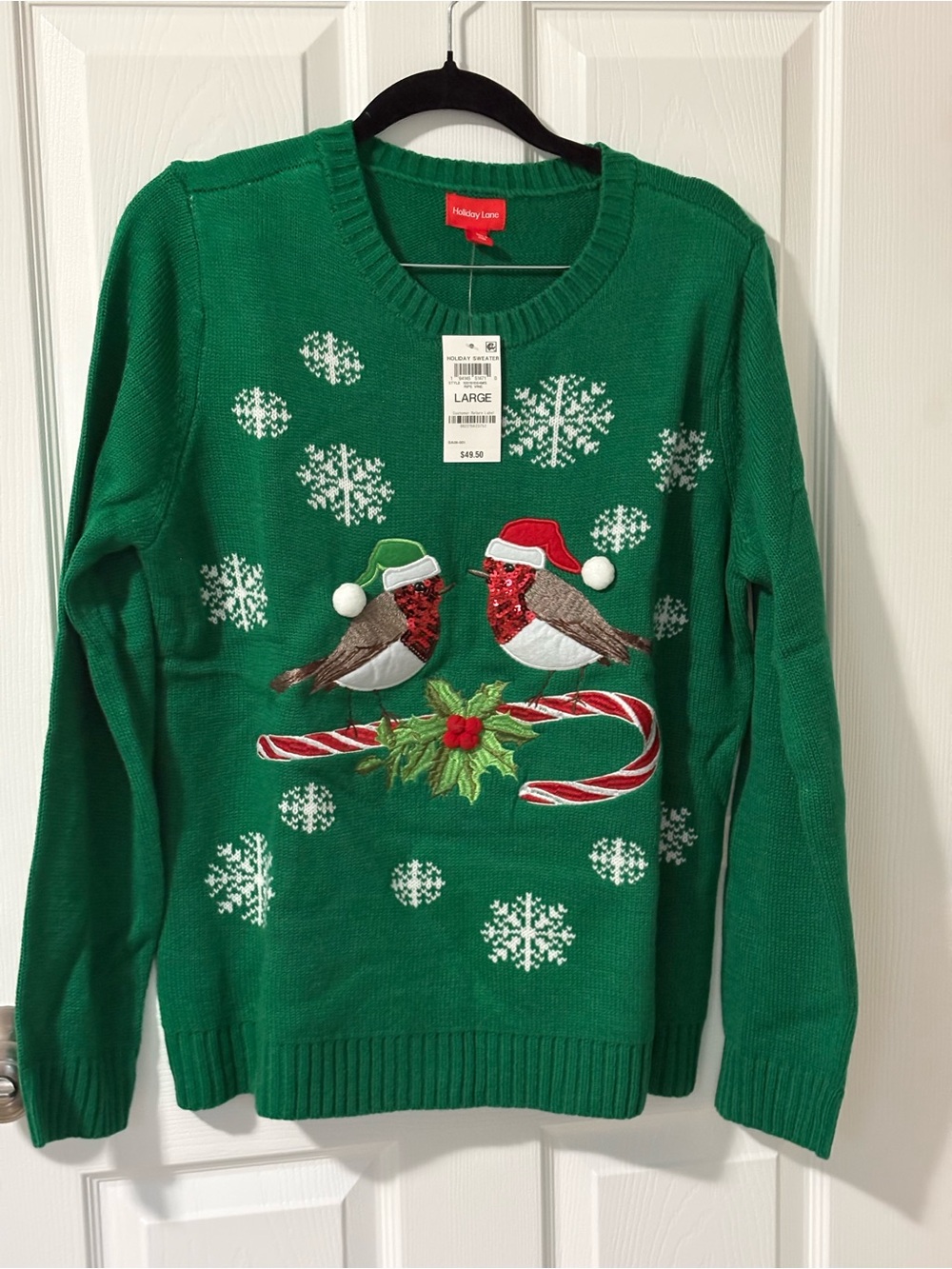 Holiday Lane Green Bird Embroidered Christmas Sweater - Large